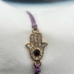 Vintage Hamsa Hand Charm Bracelet Gold Tone Rhinestones Purple Cord Macrame